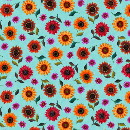 Sunflowers Small Flowers Aqua | Fabric