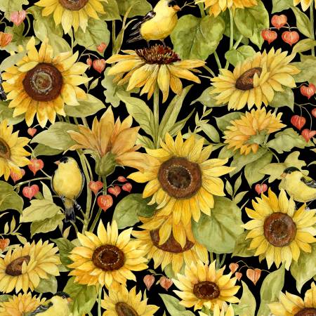Black Sunflowers & Bird All Over | Fabric