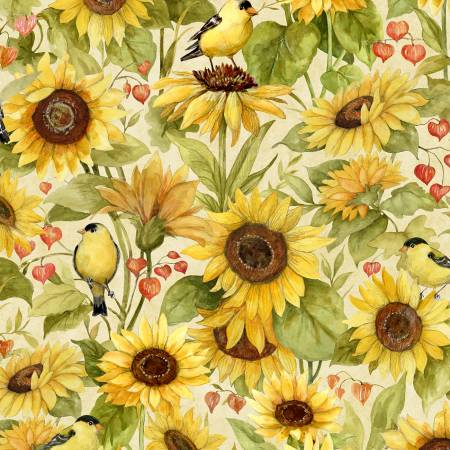 Cream Sunflowers & Bird All Over | Fabric
